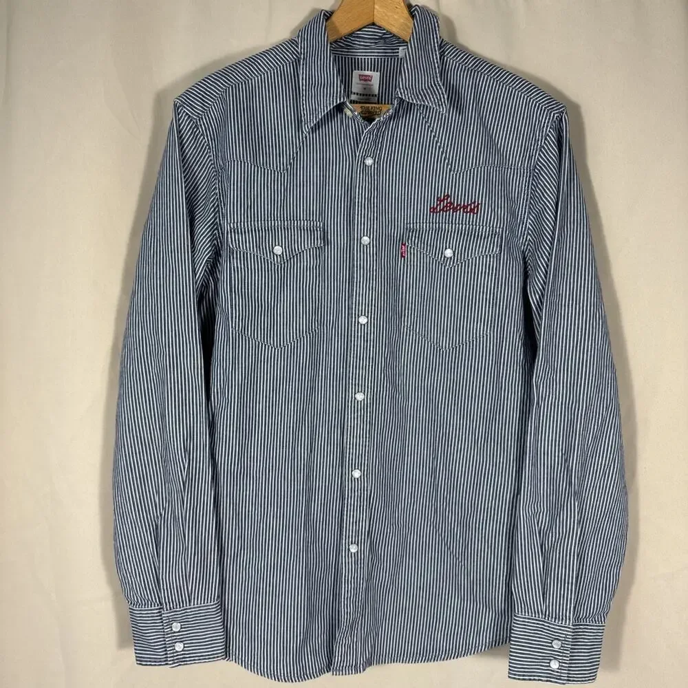 Levi’s Mens M Western Shirt Hickory Stripe Pearl Snap Denim Workwear Cowboy
